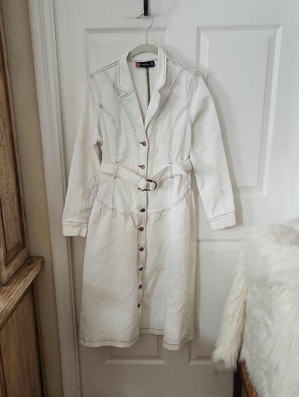 White Button-Front Belted Dress